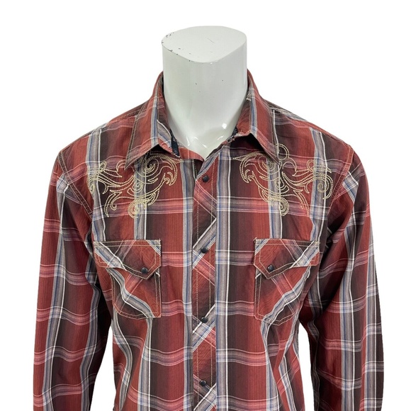 Ely Cattleman 1878 Snap Western Rockabilly Embroidered Shirt Rust Plaid Mens XL - Picture 7 of 11